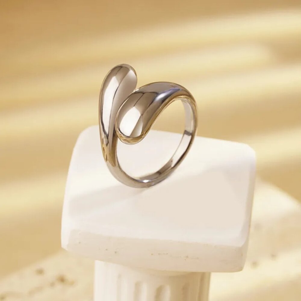 Water Droplets Wrap Ring Stainless Steek Silvertone Adjustable One Size New - Picture 3 of 9